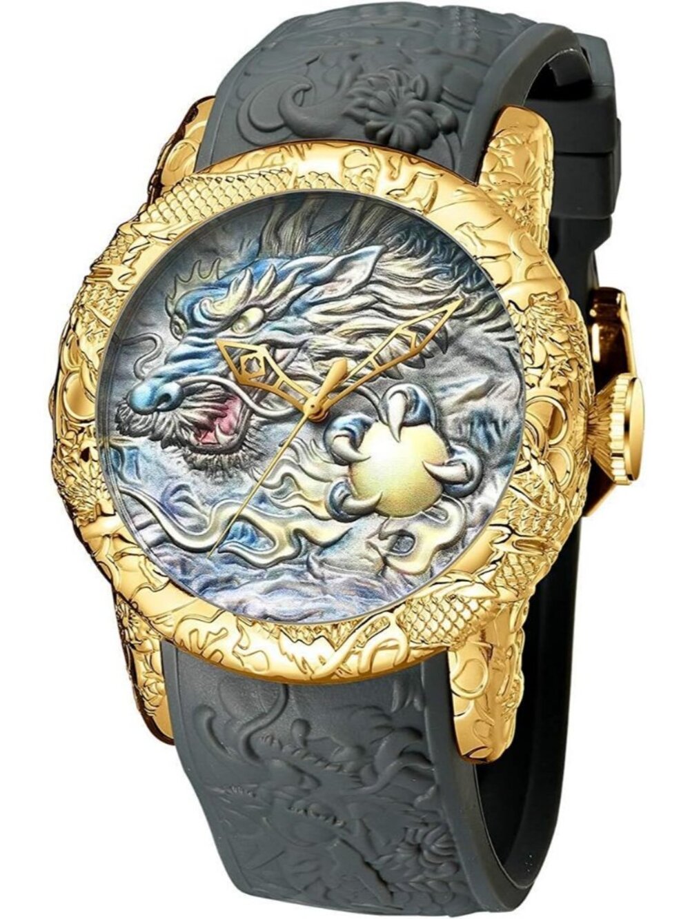 Men's Grey Fashion Analog Quartz Big Dial 3D Sculpture Dragon Luxury Wrist Watch